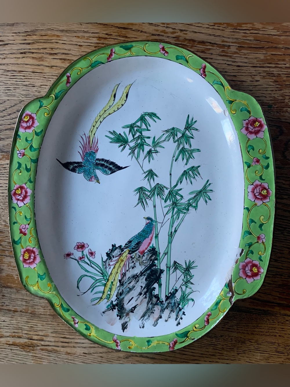 Vintage Asian Enamel Painted Copper Brass ? 10x9” W/Flaws Birds Bamboo Floral